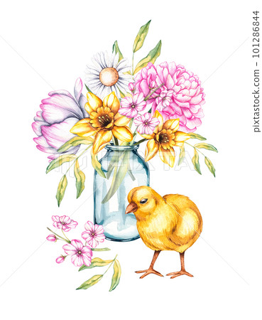 Watercolor chick with a vase of flowers. Isolated group on a white background 101286844