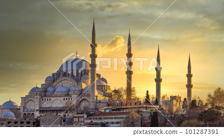 Suleymaniye mosque in Sultanahmet district old town of Istanbul, Turkey, Sunset in Istanbul, Turkey with Suleymaniye Mosque, Beautiful sunny view of Istanbul with old mosque travel and vacation in Suleymaniye mosque in Sultanahmet district old town of Istanbul, Turkey, Sunset in Istanbul, Turkey with Suleymaniye Mosque, Beautiful sunny view of Istanbul with old mosque travel and vacation in 101287391