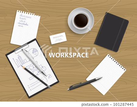 Realistic vector design illustration of modern business office and workspace. Top view of desk background. Workspace illustration. 101287445