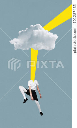Contemporary art collage with man, guy with sunlight instead of head over blue sky background. Creative design Contemporary art collage with man, guy with sunlight instead of head over blue sky background. Creative design 101287485