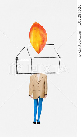 Contemporary art collage with woman in blue tights and jacket with box instead of head over white background. Creative design 101287526