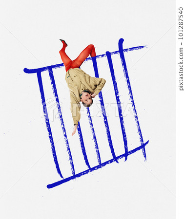 Contemporary art collage with girl laying in weird position and falling down over white background. Creative design Contemporary art collage with girl laying in weird position and falling down over white background. Creative design 101287540