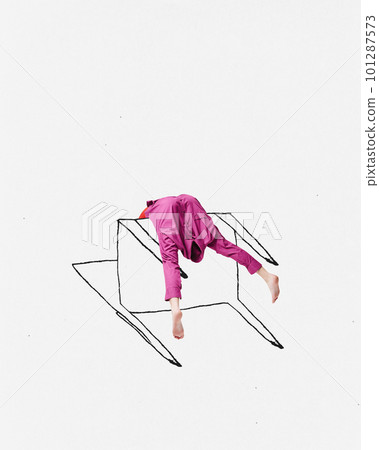 Contemporary art collage with weird human body laying on chair in pink clothes over white background. Creative design Contemporary art collage with weird human body laying on chair in pink clothes over white background. Creative design 101287573