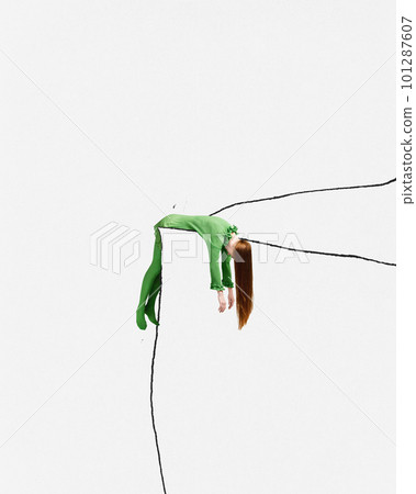 Contemporary art collage with woman wearing green clothes and lie breathless on floor over white background. Creative design Contemporary art collage with woman wearing green clothes and lie breathless on floor over white background. Creative design 101287607