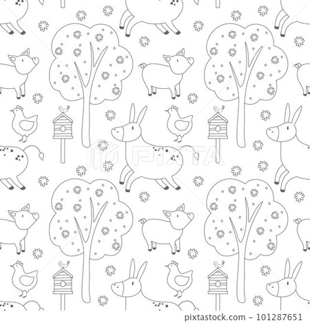 Vector black and white seamless pattern with farm animals Outline pig, chicken and donkey. Cute digital paper. Family love coloring page EPS Vector black and white seamless pattern with farm animals Outline pig, chicken and donkey. Cute digital paper. Family love coloring page EPS 101287651