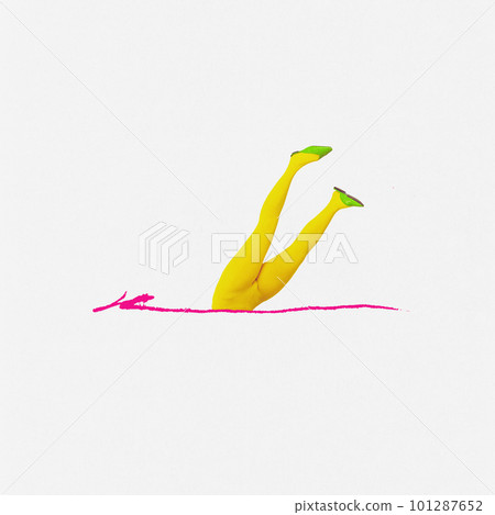 Contemporary art collage with female legs in yellow tights upside down over white background. Creative design Contemporary art collage with female legs in yellow tights upside down over white background. Creative design 101287652