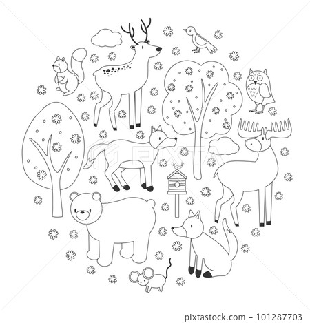 Cute forest animals circle shape for coloring... - Stock Illustration ...