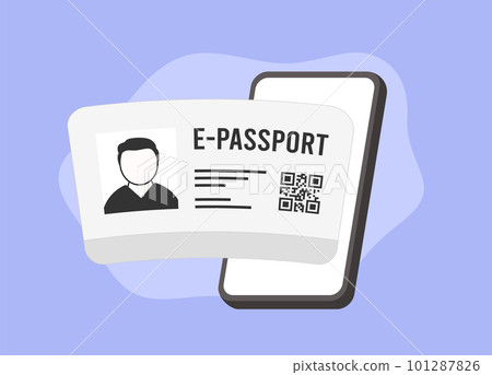 E-passport concept illustration. Electronic passport on phone screen with photo, personal data, QR code for easy verification. Convenient and secure approach to identification for travel and services 101287826