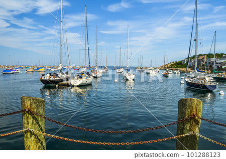 Boats anchored in the harbor of Rockport, Cape Ann, Massachusetts, New England, USA 101288123