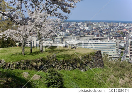 Yonago Castle main enclosure with cherry blossoms and castle tower ruins Yonago Castle main enclosure with cherry blossoms and castle tower ruins 101288674