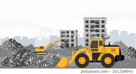Excavator working at the disaster scene clearing the debris. Excavator working at the disaster scene clearing the debris. 101289043