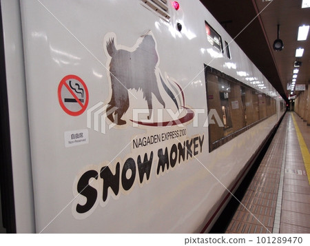 Snow Monkey Express on Nagano Dentetsu Line bound for Yudanaka in Nagano, Japan. October 23, 2018 Snow Monkey Express on Nagano Dentetsu Line bound for Yudanaka in Nagano, Japan. October 23, 2018 101289470