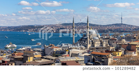 Aerial view Istanbul City with mosque and golden horn, Turkiye, Golden horn and mosque view of Istanbul, Eminonu, Turkey 101289482