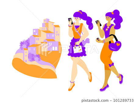 travel_shopping_girl_兩個享受旅行和購物的女人_簡約時尚插畫 travel_shopping_girl_兩個享受旅行和購物的女人_簡約時尚插畫 101289733