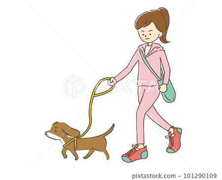 穿著運動服、遛小狗的馬尾辮年輕女子 101290109