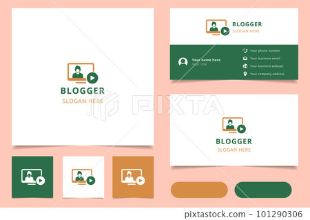 Blogger logo design with editable slogan. Branding book and business card template. 101290306