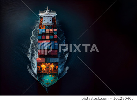 Aerial top view container cargo ship with contrail in the ocean ship carrying container import export business commercial trade logistic and transportation, Generative AI Aerial top view container cargo ship with contrail in the ocean ship carrying container import export business commercial trade logistic and transportation, Generative AI 101290403