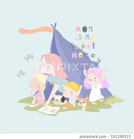 Happy Mother and Her Kids playing in a Teepee Tent Happy Mother and Her Kids playing in a Teepee Tent 101290515