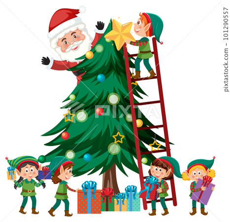 Children in elf costume and Santa Claus decorating Christmas tree Children in elf costume and Santa Claus decorating Christmas tree 101290557