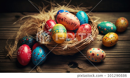 Traditional Orthodox Easter. Easter eggs with ornament in nest on wooden background. Selective focus 101290886