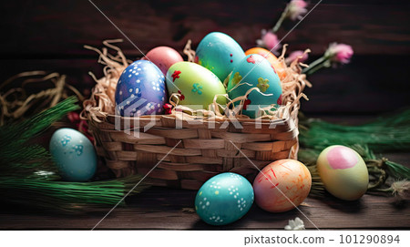 Traditional Easter. Easter color eggs with ornament in basket on wooden background. Selective focus 101290894