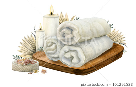 Watercolor spa towels and candles on wooden desk with yellow dry palm leaves and bath salt crystals illustration. Hand drawn composition for wellness salons design isolated on white background Watercolor spa towels and candles on wooden desk with yellow dry palm leaves and bath salt crystals illustration. Hand drawn composition for wellness salons design isolated on white background 101291528
