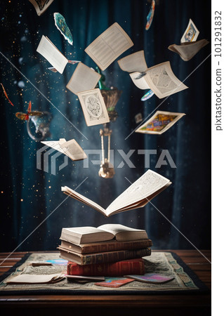 Open book with flying cards on wooden table and curtain on background. Generative AI 101291832