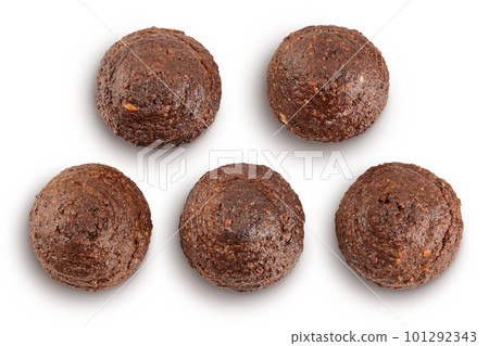 chocolate cookie with kerob, banana, nuts isolated on white background. Healthy food, gluten-free, flour-free. Top view. Flat lay. Set or collection 101292343