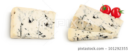 Blue cheese gorgonzola isolated on white background with full depth of field. Top view. Flat lay. 101292355
