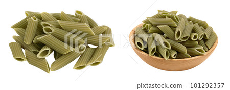 Green pea penne pasta isolated on white background . Organic food speciality. Gluten free 101292357