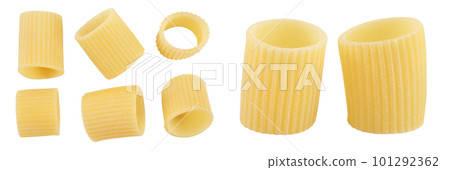 raw italian pasta isolated on white background . Mezze Maniche Rigate Bronze die. Top view. Flat lay. Set or collection raw italian pasta isolated on white background . Mezze Maniche Rigate Bronze die. Top view. Flat lay. Set or collection 101292362