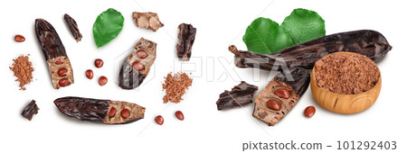Carob pod and powder isolated on white background with full depth of field. Top view. Flat lay Carob pod and powder isolated on white background with full depth of field. Top view. Flat lay 101292403