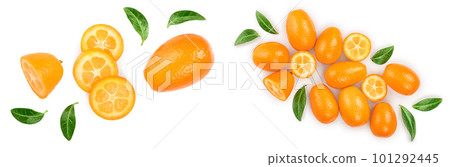 Cumquat or kumquat with slies isolated on white background. Top view. Flat lay 101292445