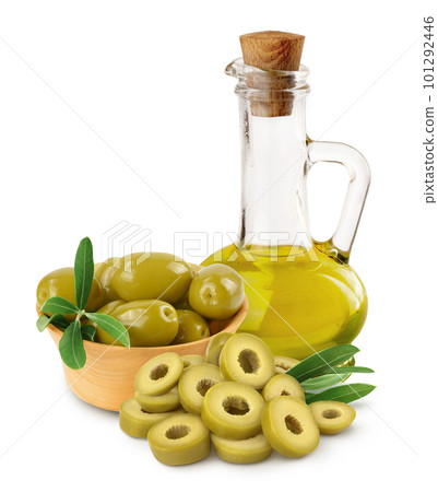 A glass bottle with olive oil isolated on a white background A glass bottle with olive oil isolated on a white background 101292446