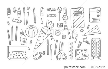 Set collection of school stationery objects.Vector illustration in line style 101292494