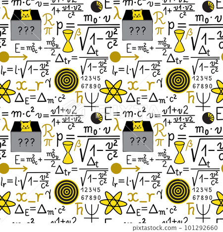 Seamless pattern with physics formula, symbols and Schrodingers cat. 101292660