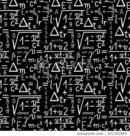 Physics equations on black background. Hand drawn seamless pattern. Physics equations on black background. Hand drawn seamless pattern. 101292664