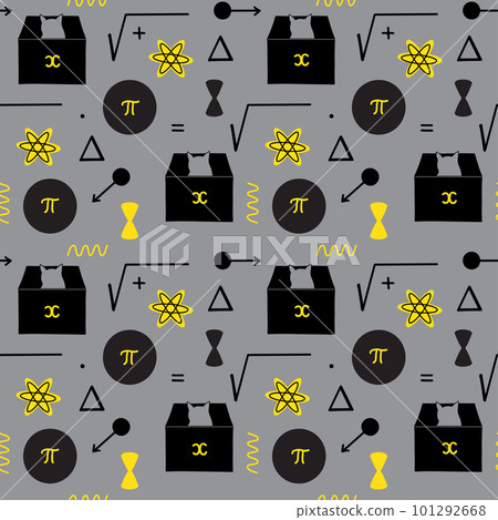 Schrodingers cat and mathematics symbols seamless pattern on grey background 101292668