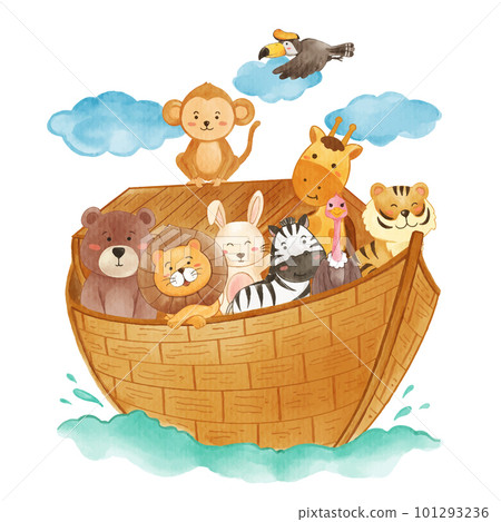 Noah 's ark with many wildlife animals . The flood concept . Realistic watercolor paint with paper textured . Cartoon character design . Vector . Noah 's ark with many wildlife animals . The flood concept . Realistic watercolor paint with paper textured . Cartoon character design . Vector . 101293236