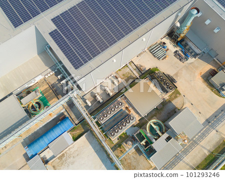 Aerial top view of industry factory, ventilation fan cooling motorized stainless steel power units, roof exhaust system. Cooling Tower. 101293246
