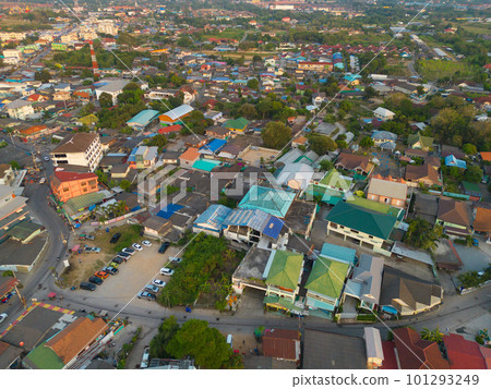 Aerial view of residential neighborhood roofs with nature forest trees. Urban housing development from above. Top view. Real estate in Bangkok City, Thailand. Local property real estate. 101293249