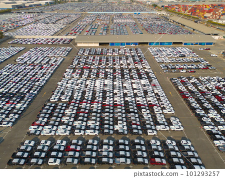 Aerial top view of new cars parking for sale stock lot row, dealer inventory import and export business commercial worldwide, Automobile and automotive industry distribution logistic global transport Aerial top view of new cars parking for sale stock lot row, dealer inventory import and export business commercial worldwide, Automobile and automotive industry distribution logistic global transport 101293257