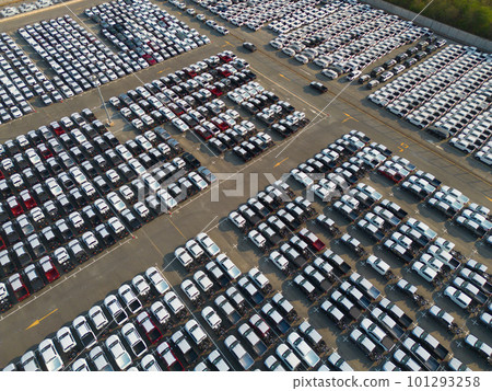 Aerial top view of new cars parking for sale stock lot row, dealer inventory import and export business commercial worldwide, Automobile and automotive industry distribution logistic global transport 101293258