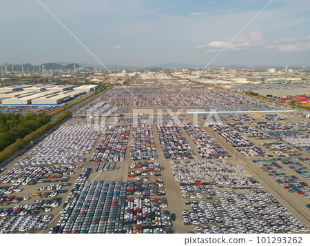 Aerial top view of new cars parking for sale stock lot row, dealer inventory import and export business commercial worldwide, Automobile and automotive industry distribution logistic global transport 101293262