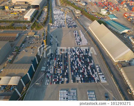 Aerial top view of new cars parking for sale stock lot row, dealer inventory import and export business commercial worldwide, Automobile and automotive industry distribution logistic global transport Aerial top view of new cars parking for sale stock lot row, dealer inventory import and export business commercial worldwide, Automobile and automotive industry distribution logistic global transport 101293271