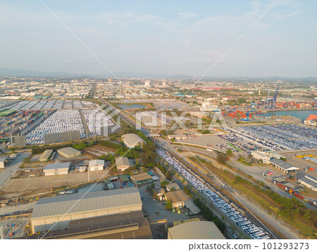 Aerial top view of new cars parking for sale stock lot row, dealer inventory import and export business commercial worldwide, Automobile and automotive industry distribution logistic global transport 101293273
