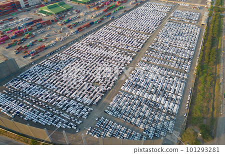 Aerial top view of new cars parking for sale stock lot row, dealer inventory import and export business commercial worldwide, Automobile and automotive industry distribution logistic global transport 101293281