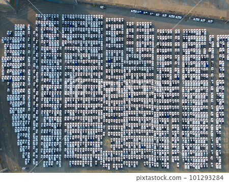 Aerial top view of new cars parking for sale stock lot row, dealer inventory import and export business commercial worldwide, Automobile and automotive industry distribution logistic global transport 101293284