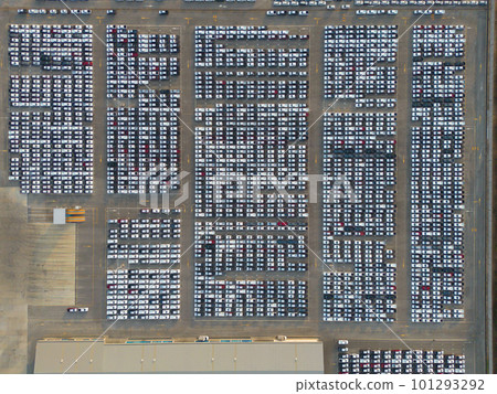 Aerial top view of new cars parking for sale stock lot row, dealer inventory import and export business commercial worldwide, Automobile and automotive industry distribution logistic global transport 101293292