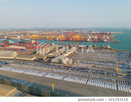Aerial view of container cargo ship in the export and import business and logistics international goods in urban city. Shipping to the harbour by crane in Bangkok harbour, Thailand. 101293318